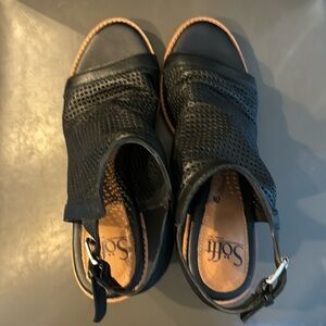 Sofft black leather open toe, sling back bootie